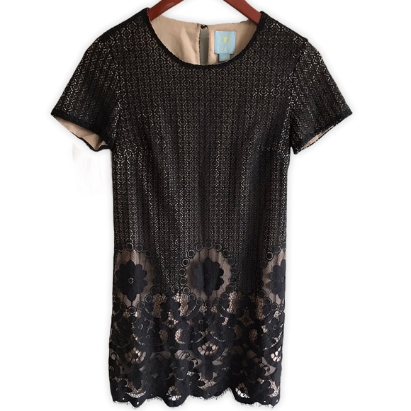 CeCe Black & Tan Lace Short Sleeve Scallop Dress - Picture 3 of 8